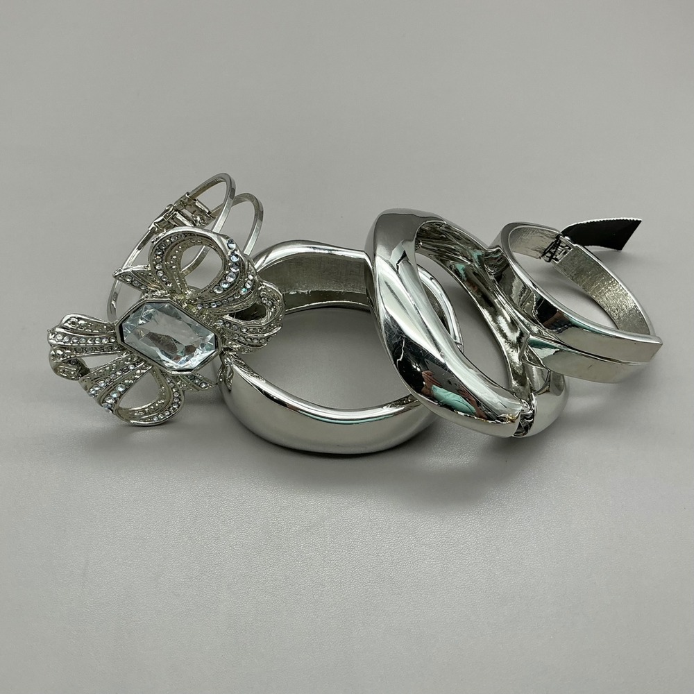Bangle Bracelet Set Women Silver Tone Rhinestone Bow Chunky Smooth Cuffs 4pc